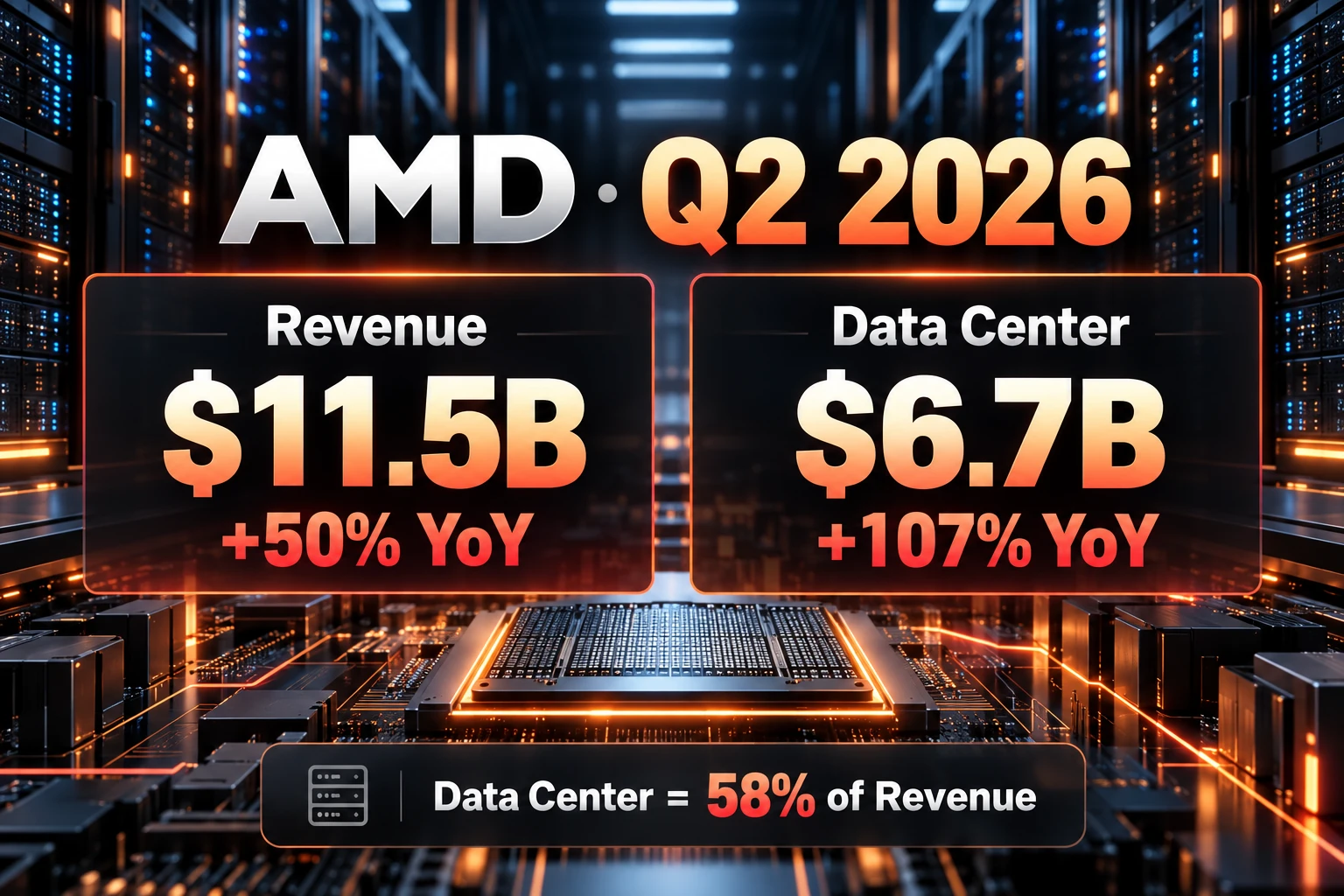 AMD 2026년 2분기 매출과 데이터센터 매출 성장을 시각화한 대표 이미지