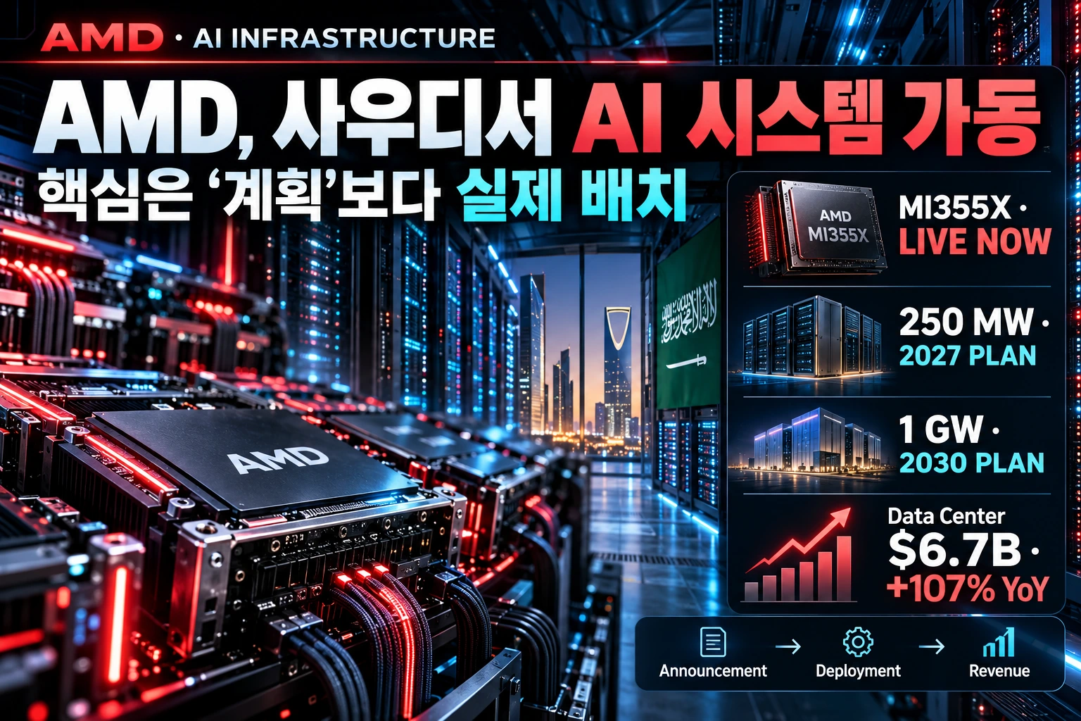 AMD Instinct AI 시스템의 사우디 가동과 250MW·1GW 확대 계획, 데이터센터 매출 성장을 시각화한 대표 이미지