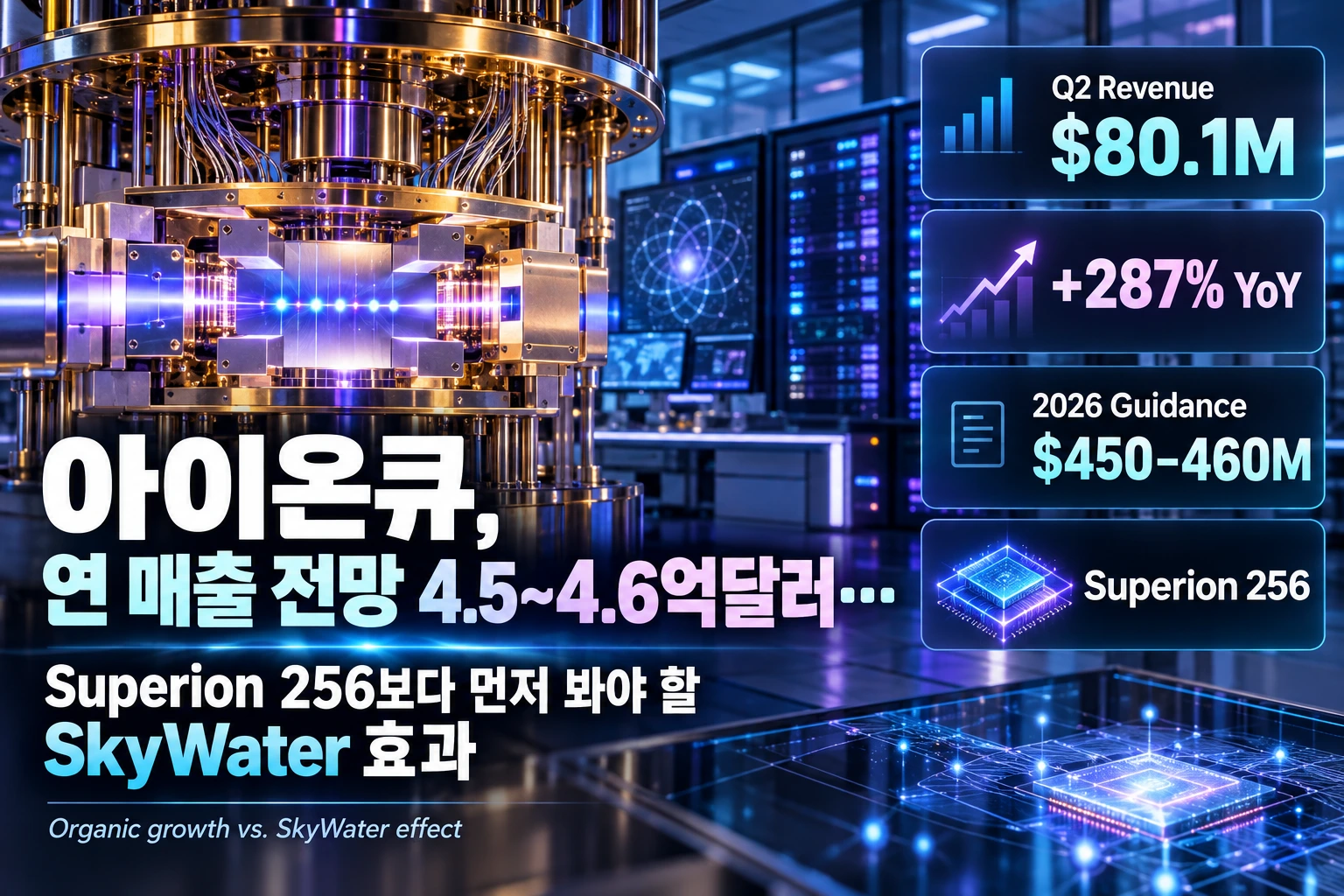 아이온큐 Q2 매출과 2026년 매출 전망, Superion 256 및 SkyWater 효과를 시각화한 대표 이미지