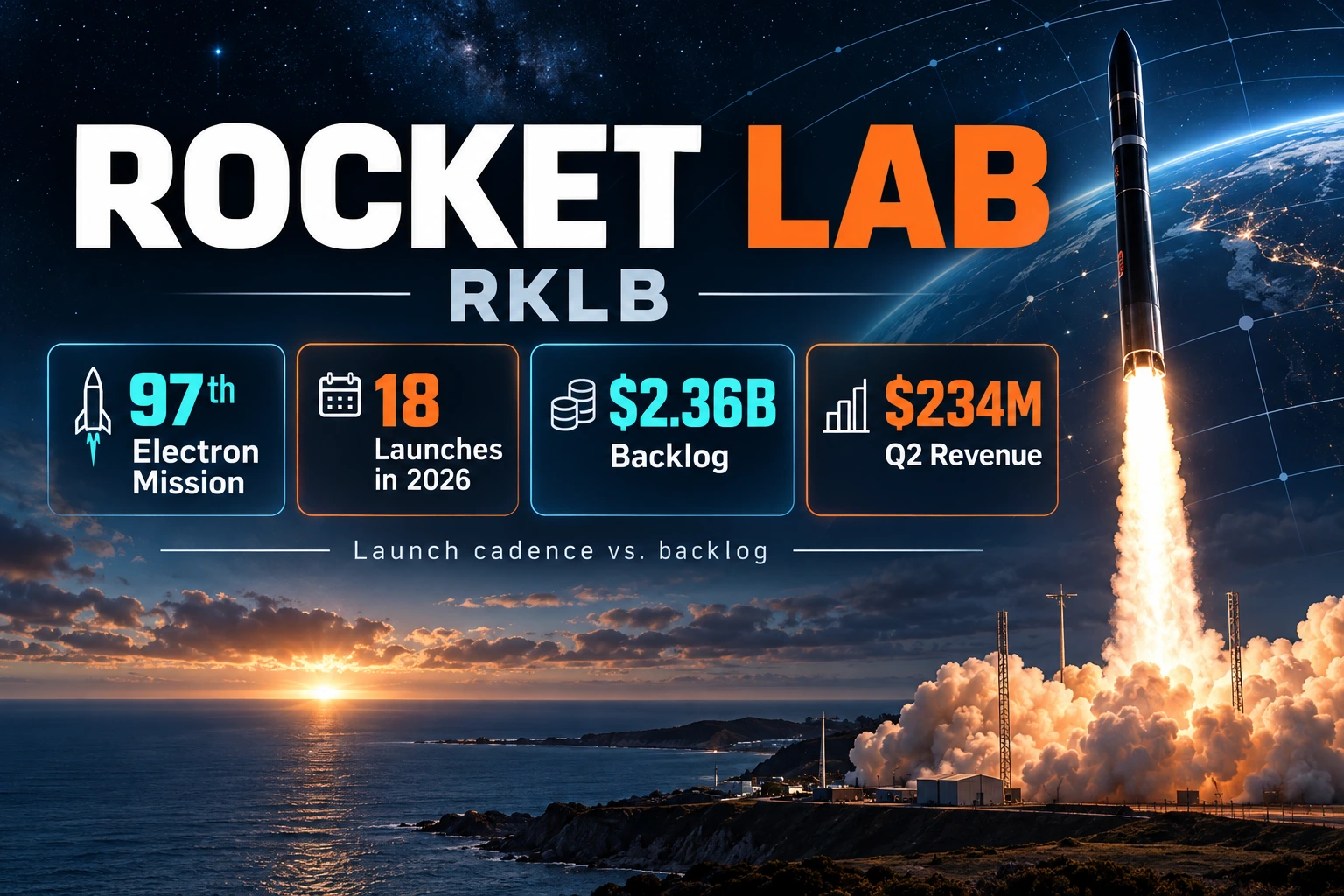 로켓랩 RKLB의 97번째 Electron 미션과 2026년 발사 횟수, 수주잔고 및 Q2 매출을 시각화한 대표 이미지