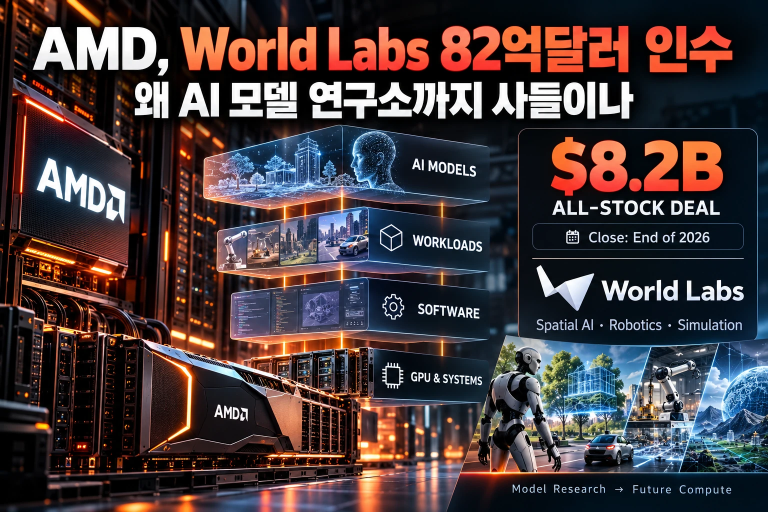 AMD의 World Labs 82억달러 전액 주식 인수와 AI 모델 연구에서 GPU 시스템까지의 전략을 시각화한 이미지